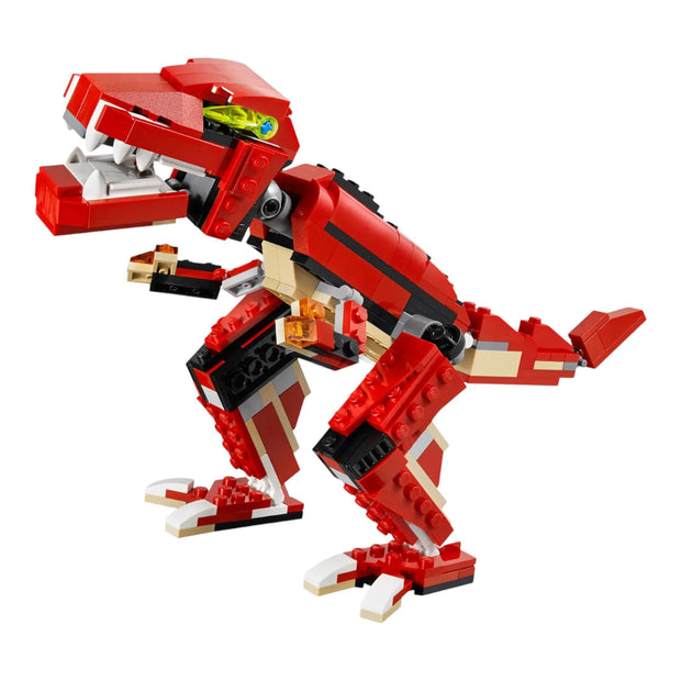 Red dinosaur-like LEGO model on a white background