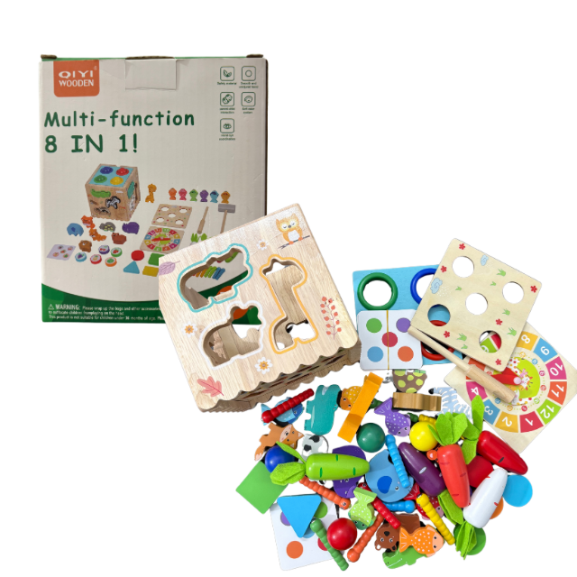 Wooden 8-in-1 Montessori activity cube with magnetic fishing, fruit sorting and shape games for kids aged 3 to 8