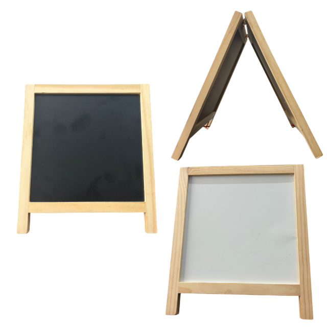 Double-sided children's wooden A-frame easel board showing a black chalkboard on one side and a white dry-erase whiteboard on the other, with a natural pine wood frame and freestanding legs
