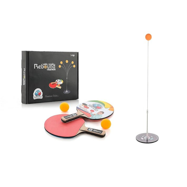 Table tennis rebound trainer set with flexible pole base 2 paddles and orange balls for solo and 2 player practice for kids aged 5 and above