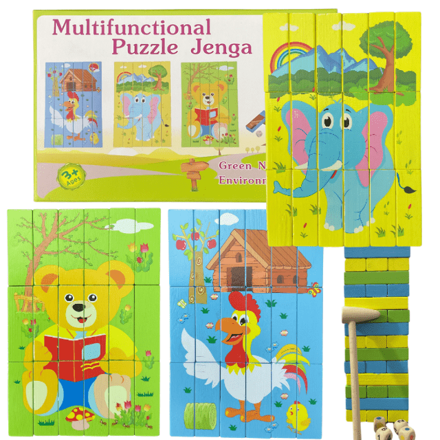 Multi-Functional Puzzle Jenga - 3 in 1 Wooden Puzzle