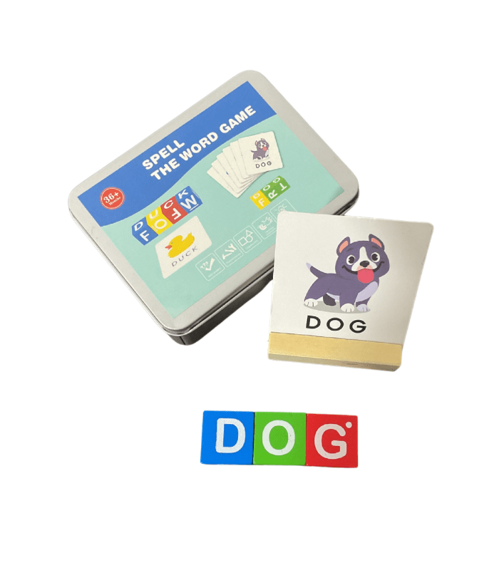 Spell the Word Wooden Letter Cubes Game - Tin box