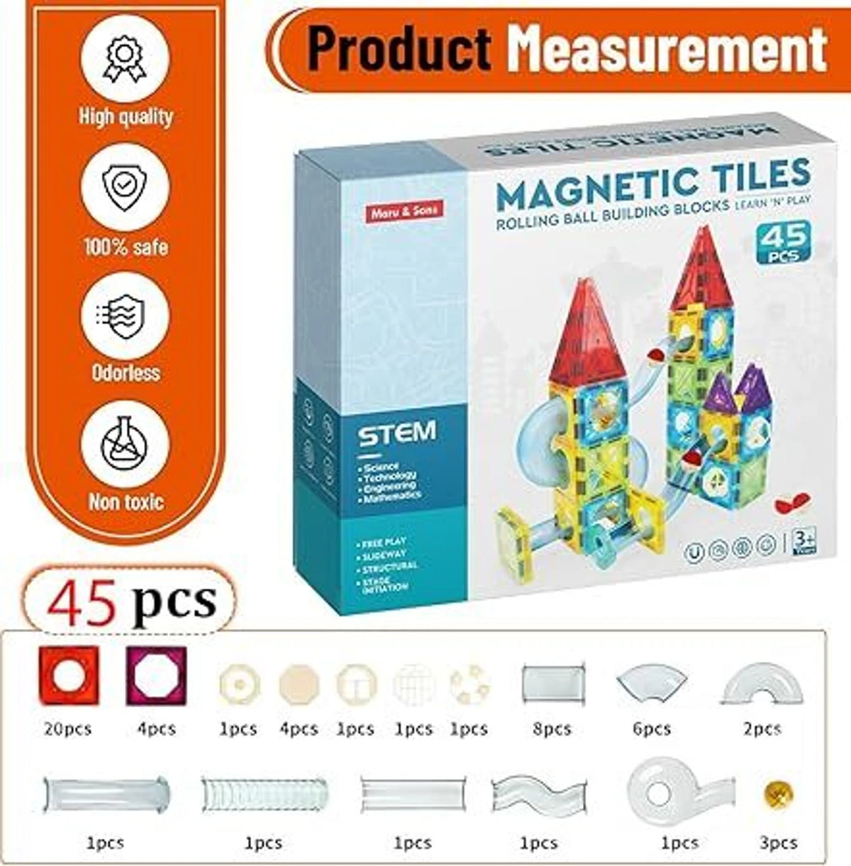 Magnetic Tiles Rolling Ball Building Blocks - 45 Pcs