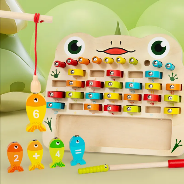 Wooden educational toy with colorful numbers and fishing rod on a green background