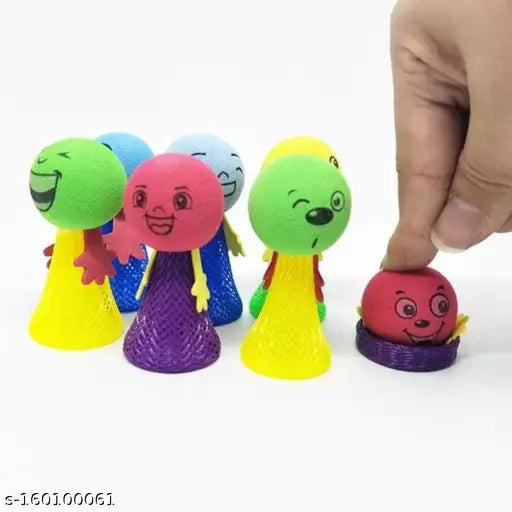 Colorful character stamps with a hand pressing one of them on a white background